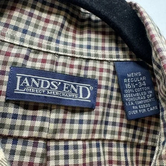 Lands End Shirt Mens Sz 16 1/2 Regular Fit Button Down Long Sleeve Gingham Beige - Picture 7 of 11